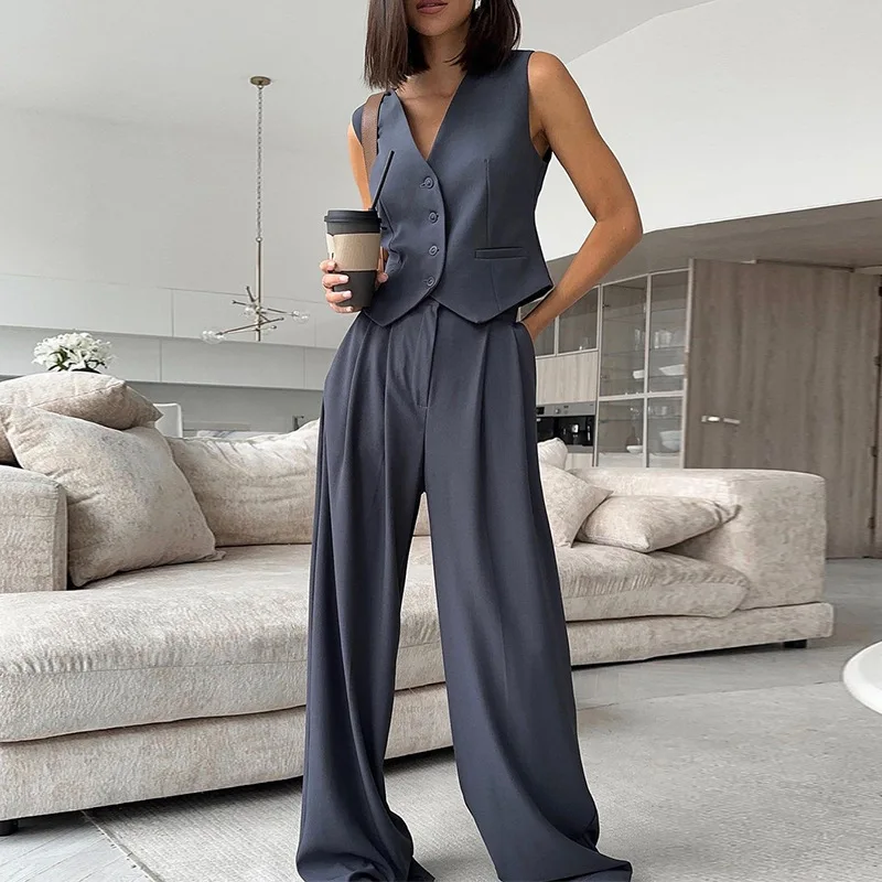 Spring Women V‑Neck Sleeveless Vest Suit Draped Wide‑Leg Trousers Two‑Piece Casual Office Outfit