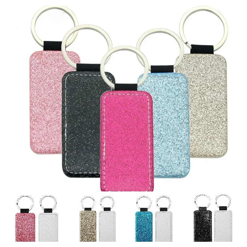 20pcs Rectangle Sequins Pendant Keychain Ornament Hanging Sublimation PU Keyring for Thermal Transfer Printing DIY Glitter Gifts