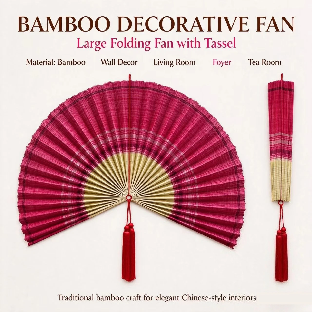 Handwoven Bamboo Wall Fan with Tassel, Oriental Large Hanging Fan, Home Wall Decor for Living Room Patio