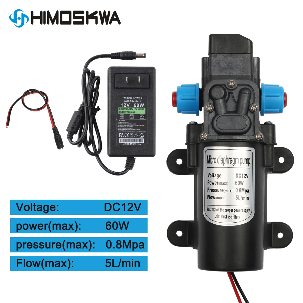 60W Micro Electric Diaphragm Water Pump DC 12V Automatic Switch 5L/min High Pressure Car Washing Spray Water Pump 0.8Mpa 5L/min