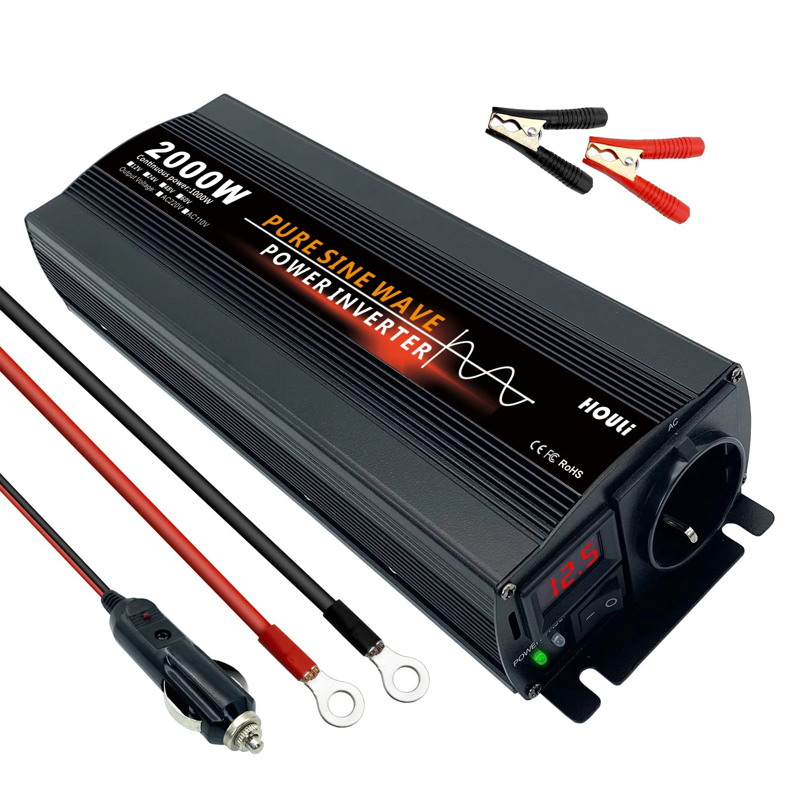 HOULI Pure Sine Wave Car Inverter 2000W 12V 24V to 220V 2000 Watt Solar Power Inverter Onduleur De Puissance De Voiture