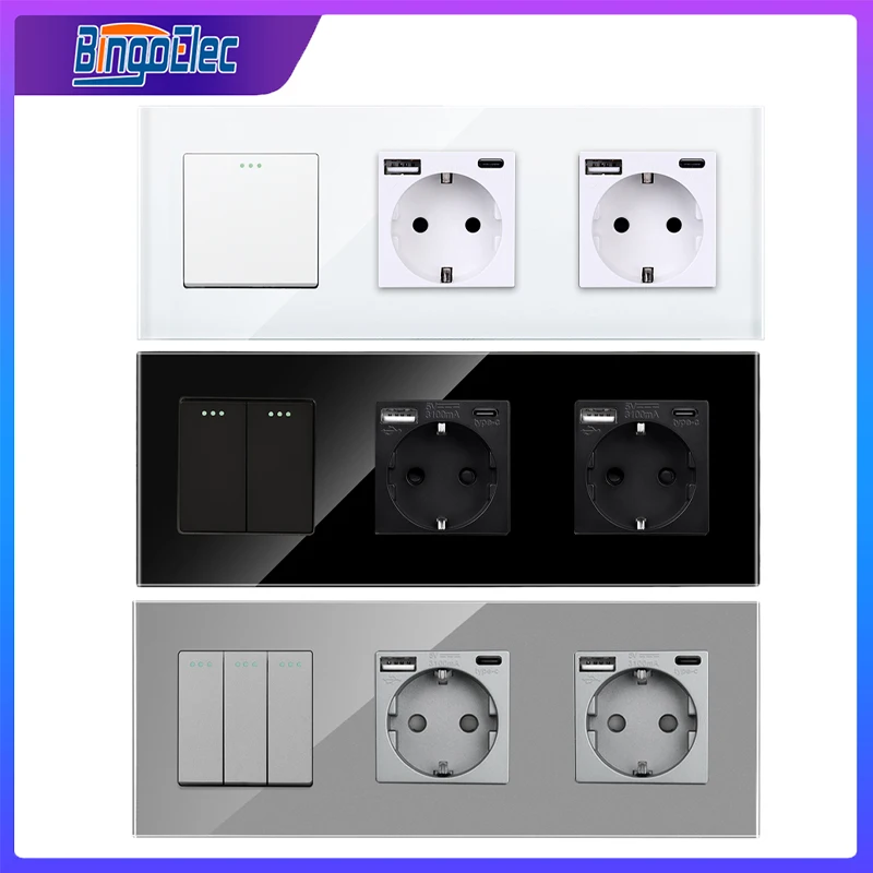 Bingoelec Button Switches and USB Type-C Electrical Sockets EU RU Standard Double Socket with 1gang 1/2way Light Switches