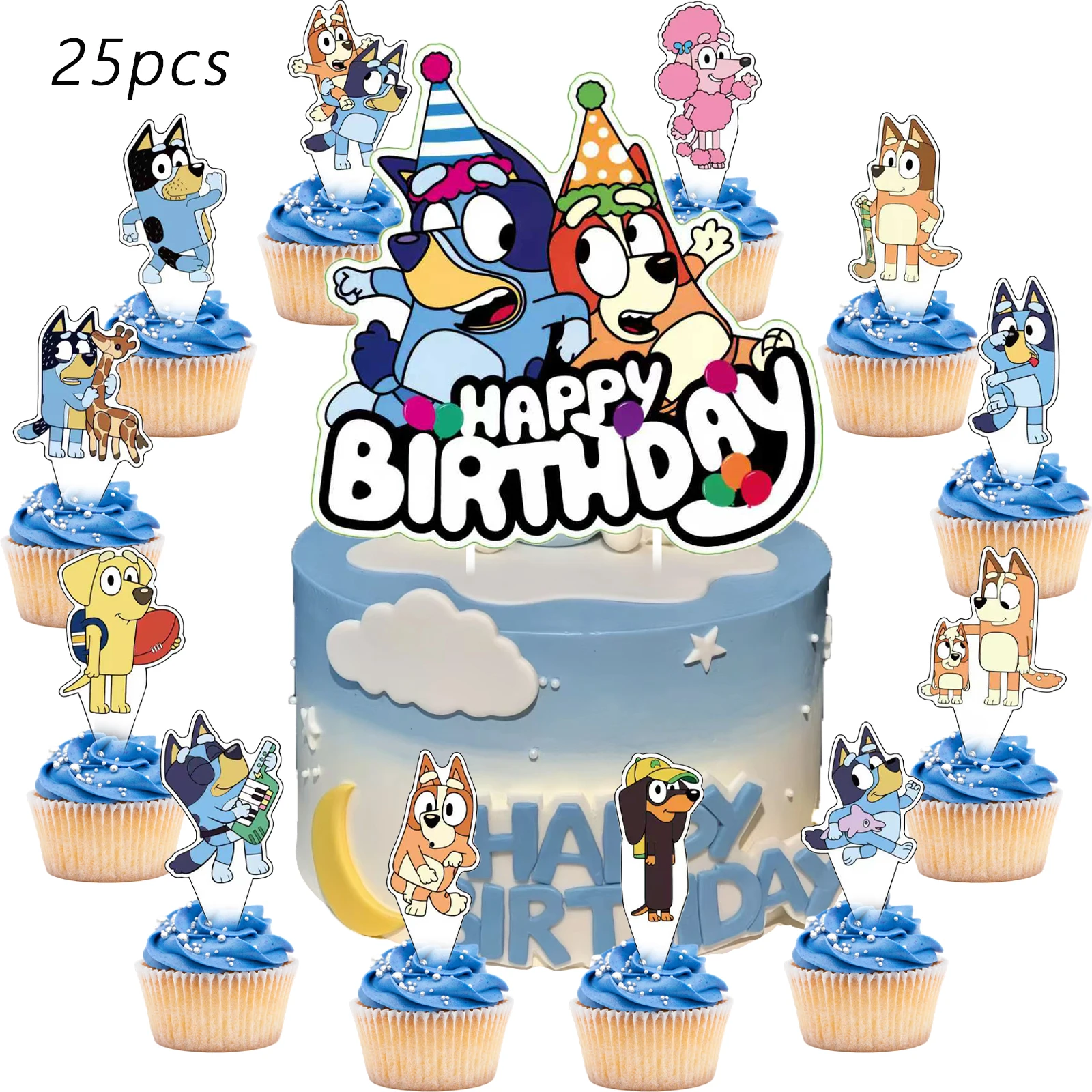 25 décorations de gâteau Bluey, décorations de cupcakes, décorations d'anniversaire Bluey, fournitures pour fête sur le thème de Bluey, décorations d'anniversaire Bluey