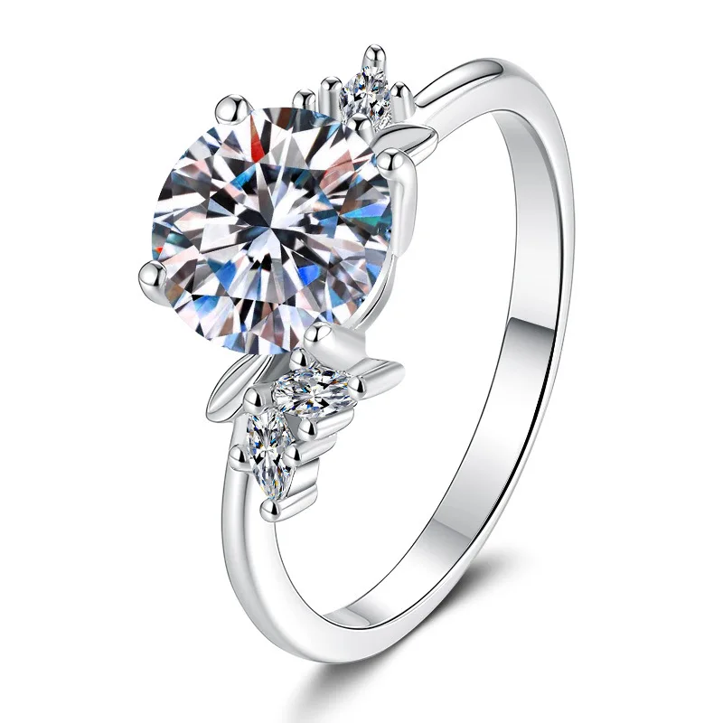 Tiny surrounding stones accent central 1.5ct moissanite for women’s four-prong flower ring along polished PT950 platinum rims