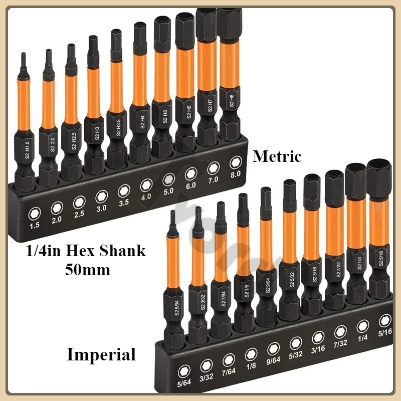20PCS Hex Head Allen Wrench Bit Set Magnetic Screwdriver Drill Bit Metric Imperial Quick Release 1/4in Hex Shank Impact 50mm