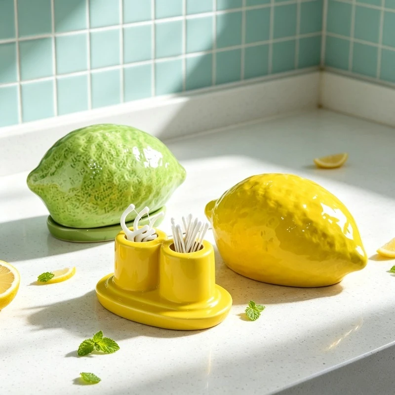 Creative Lemon Ceramic Toothpick Holder Dopamine Bright Storage Jar for Cotton Swabs Home Living Room Desktop Decor