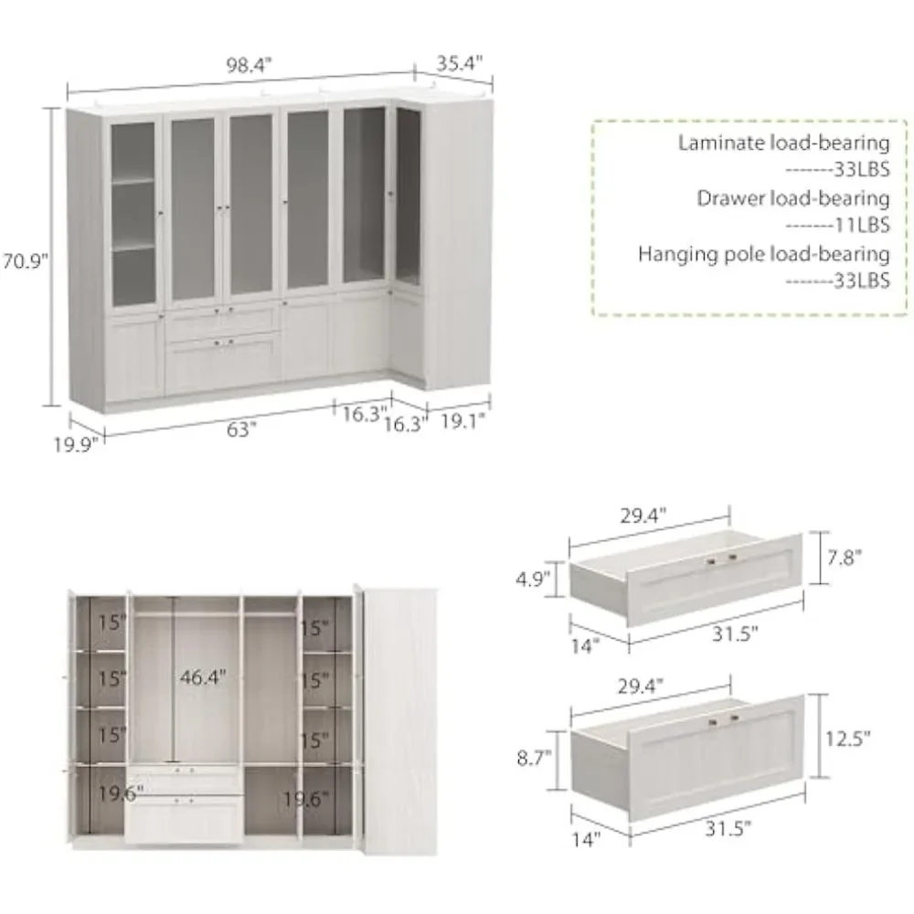 Extra Large L-Shape Armoire Wardrobe Closet with 6 Frosted Glass Doors, Hanging Bars, Shelves & Drawers, 98.4