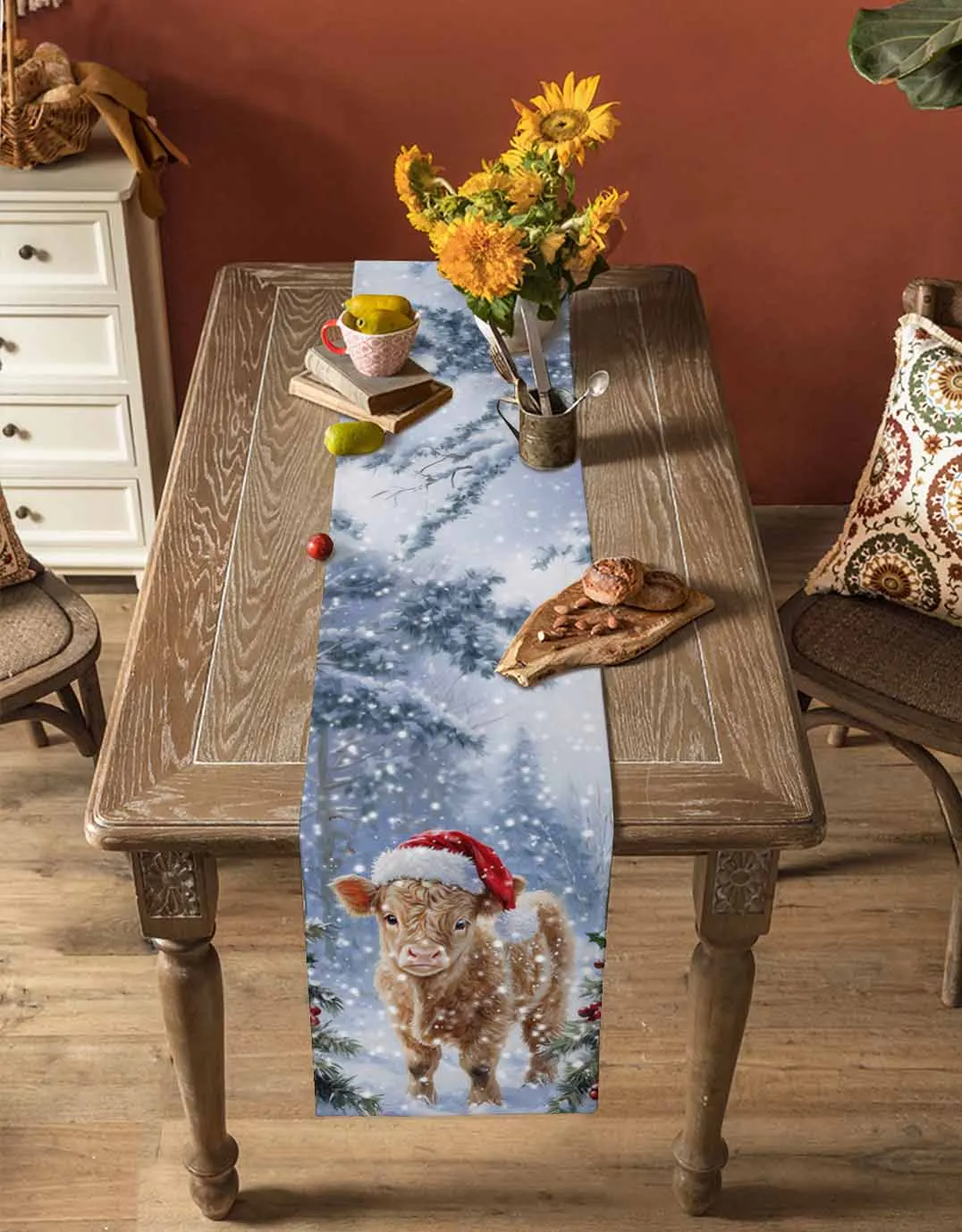 Oil Painting Christmas Hat Highland Cow Table Runner Cotton Linen Wedding Table Decor Tablecloth Kitchen Decor Table Runner