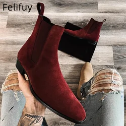 New Brown Black Red Chelsea Boots for Men Flock Business Men Ankle Boots Cowboy Boots Handmade Men Boots Size 38-46