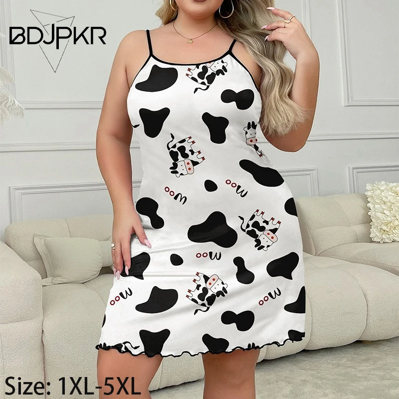 

Plus Size New Women's Home Wear Cow Letter Printed Pajamas With Suspenders, Casual, Sexy, Fashionable And Can Be Worn Outside