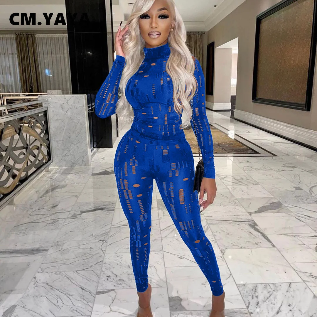 

Cm.Yaya Street Hole Women's Legging Pants Suit And Tunic High Waist Tops Matching Two 2 Piece Set Outfits Sweatsuit Tracksuits