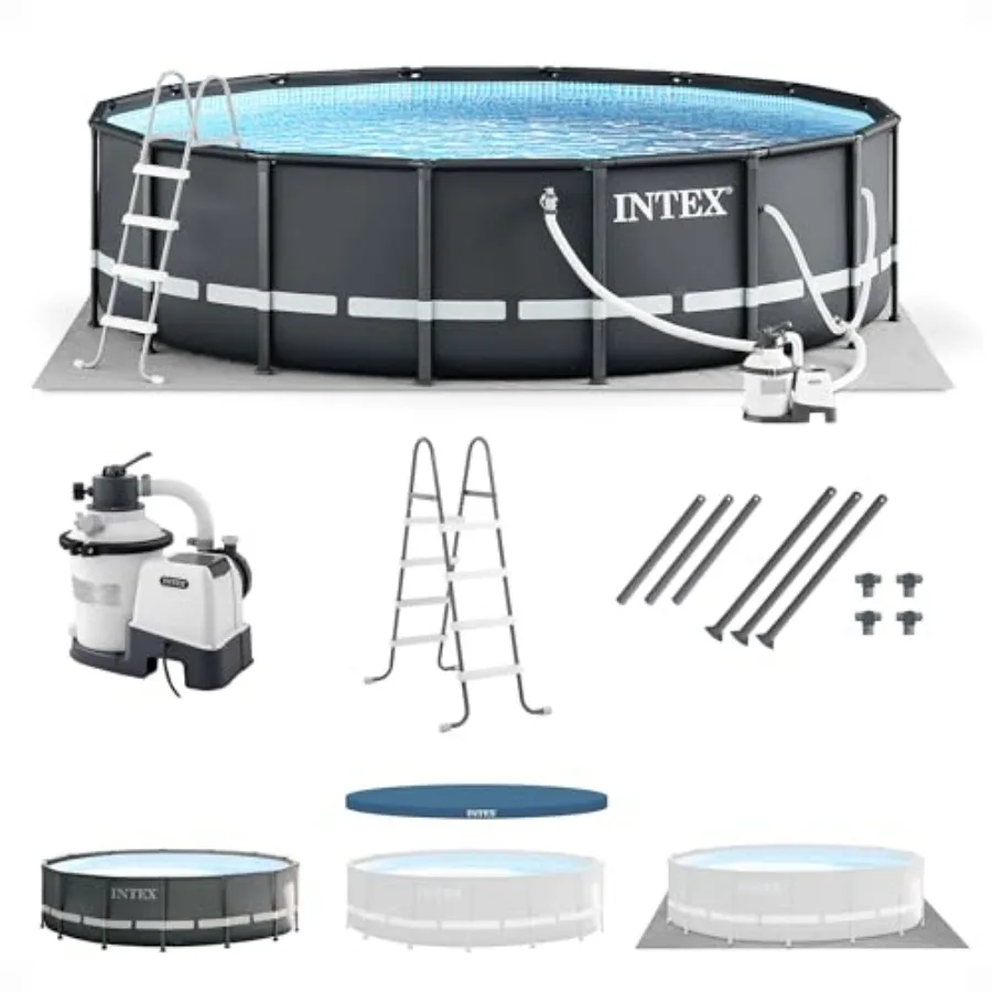 

14' x 42 Round Above Ground Outdoor Swimming Pool Set with Sand Filter Pump Ladder Ground Cloth and Pool Cover Ultra XTR Frame
