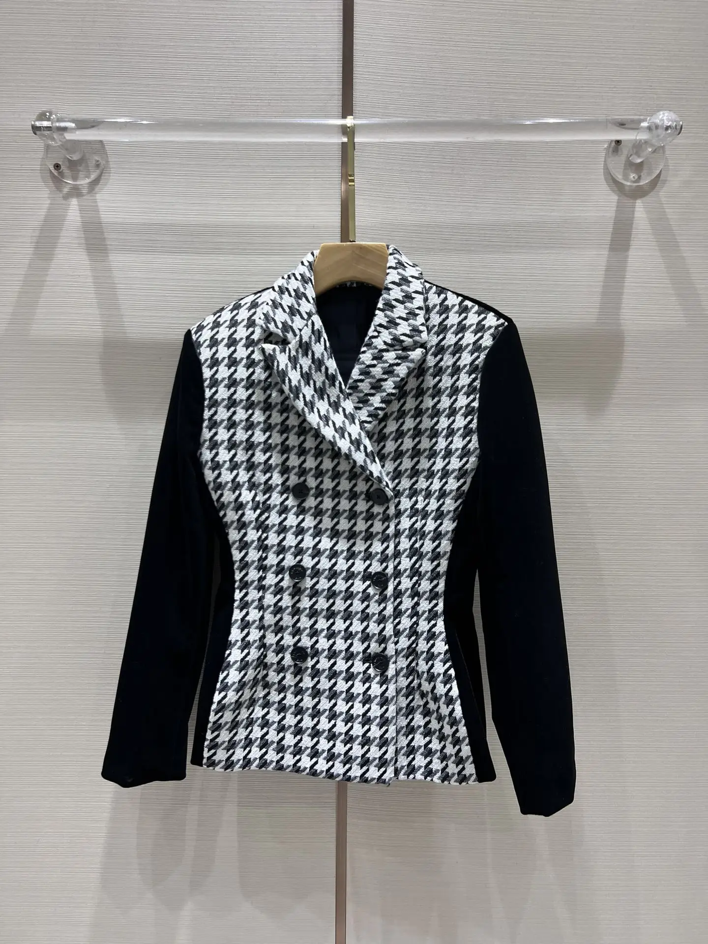 EVACANDIS Houndstooth Hit Color Tunic Coat Women New Double Breasted Chic Elegant Vintage Office Lady Tops High Quality Sweet