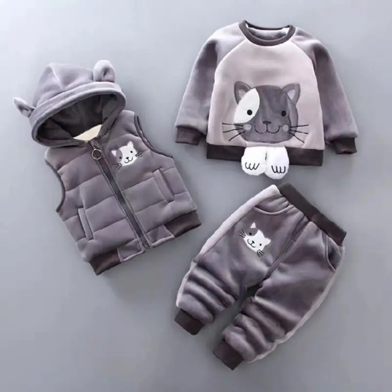 Children\'s Autumn and Winter Set 2024 Boys and Girls Cartoon Plush Coat+Hooded Vest+Pants Set Baby Warm Three Piece Set 0-4Y