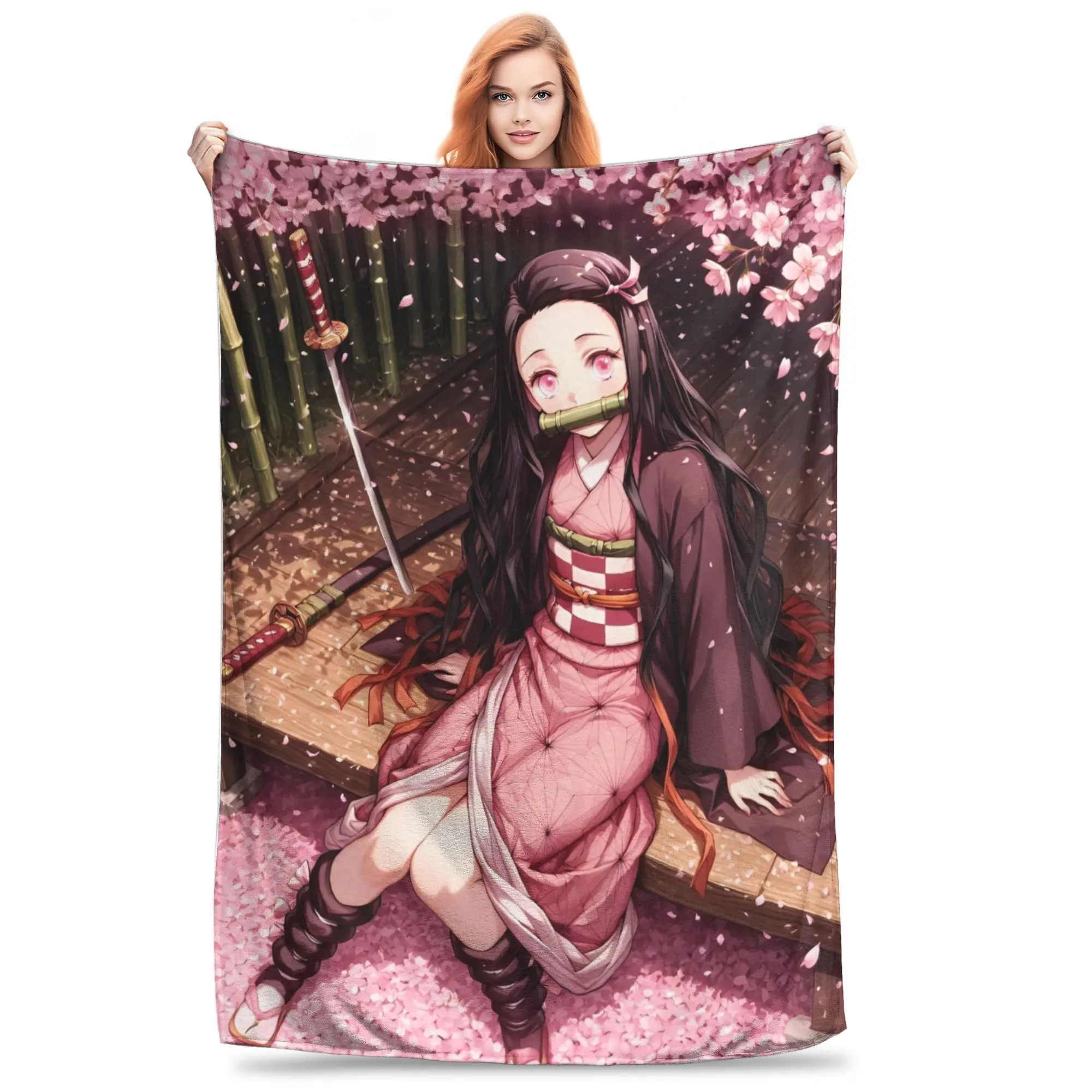 Demon Slayer Mitsuri Kanroji Decke, Flanell, Frühling/Herbst, multifunktional, super warm, Überwurfdecken, Sofa, Reise, Bettwäsche, Überwürfe