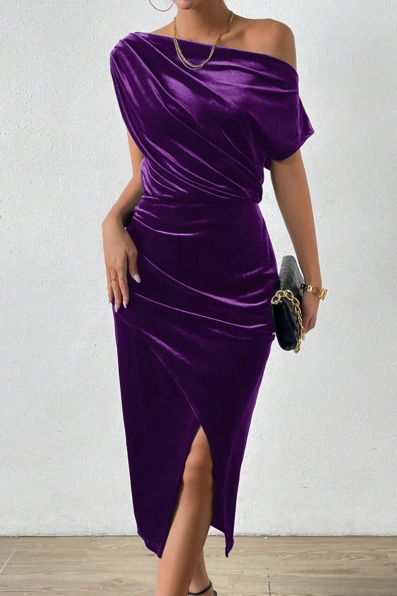 ชุดราตรีแฟชั่น ทรงเข้ารูป เซ็กซี่ สง่างาม เสื้อผ้าผู้หญิง คอเสื้อแบบเส้นเดียว ทรงไม่สมมาตร เอวกลาง จับจีบ ไหล่เฉียง ยาว