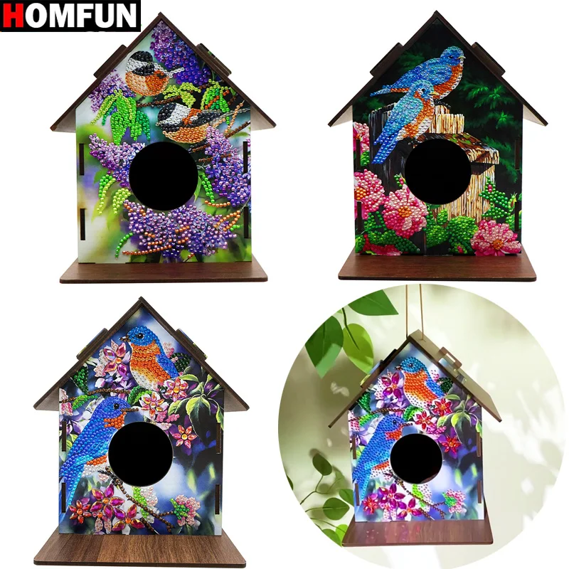 

HOMFUN DIY алмазная живопись птичье гнездо деревянный набор скворечников украшения для птичьей клетки мозаика кулон дом дерево подвесной декор ремесла