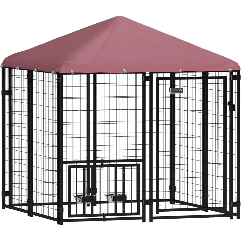 

4.6' x 4.6' x 5' Outdoor Dog Kennel, Welded Wire Heavy Duty Dog Run with 360° Rotating & 4 Level Adjustable Bowls, Dog Kennel O