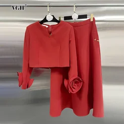 VGH Solid Two Piece Set For Women V Neck Long Sleeve Spliced Appliques Top High Waist Midi Slimming Skirt Elegant Set Female New