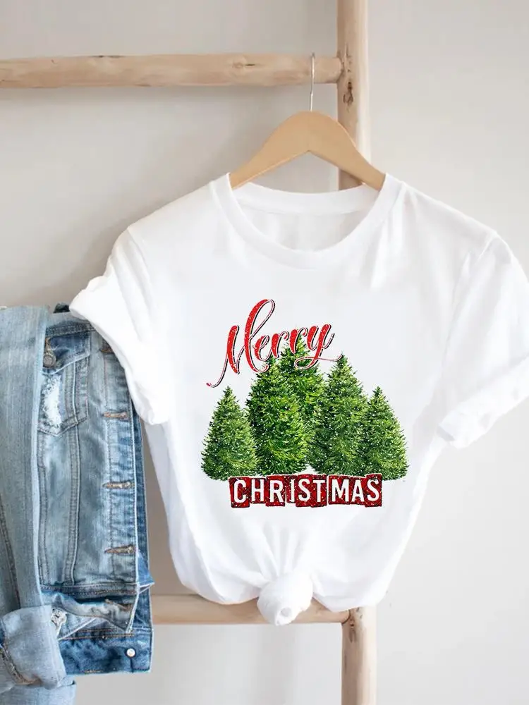 

Tree Letter Lovely New Year Christmas Graphic T Shirt Print T-shirt Top Fashion Female Short Sleeve Women Holiday Tee Clothing