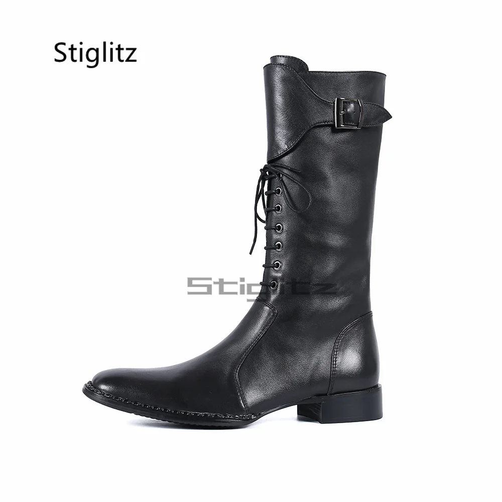 Botas de montar con cordones para hombre, botas largas de moto de tacón bajo de cuero genuino negro, zapatos de invierno con hebilla de estilo británico para vestido de fiesta