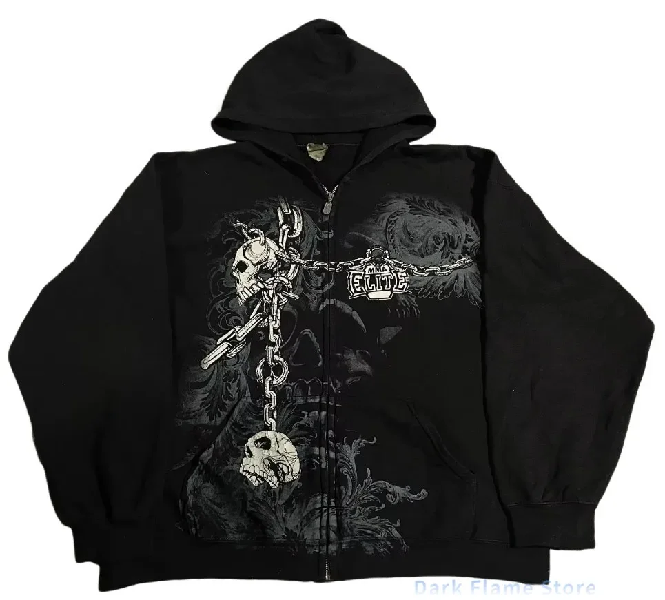 Tapout Zipper Hoodie Y2K Sweatshirt Women Mens Skulls Graphic Print Hip Hop Retro Oversized Hoodie Jacket Clothes Streetwear