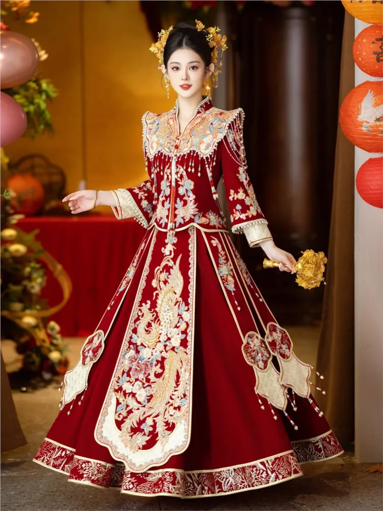 Velvet wedding dress gown new Chinese-style for brides and toasting