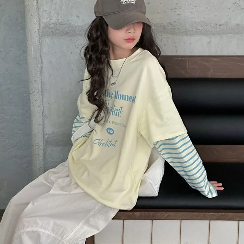 

Fake Two Piece Girls Clothes 9 To 10 Years Cartoon Children's Fashion Spring Autumn Little Girl T-shirts Korean Clothing 2025 4