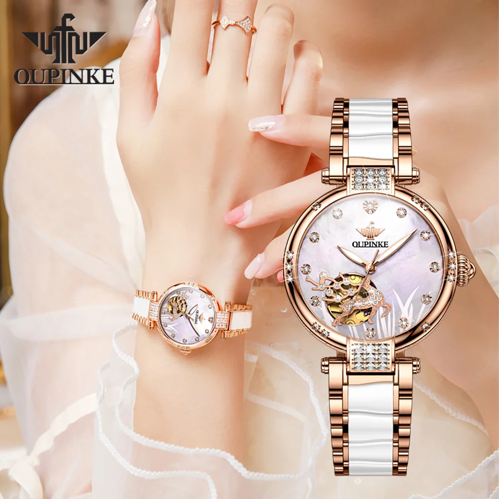 OUPINKE 3211 Automatic Mechanical Men's Watch Waterproof Luminous Stainless steel Ceramic Strap Women Wristwatch