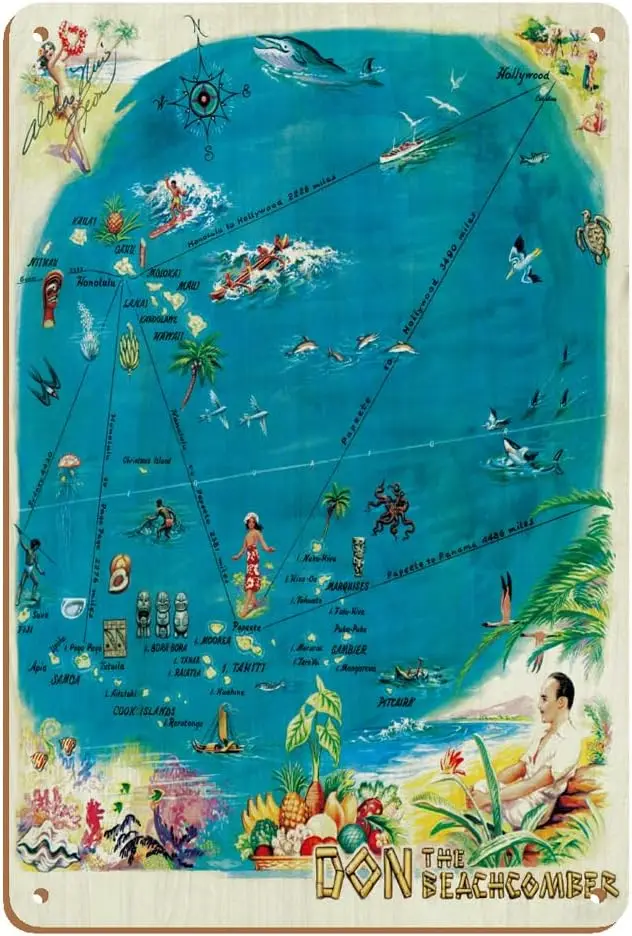 Mapa de las islas polinesianas-Don the Beachcomber Tiki Bar y restaurante-cubierta de menú Hawaiano Vintage c. Vintage Wood Art Sign