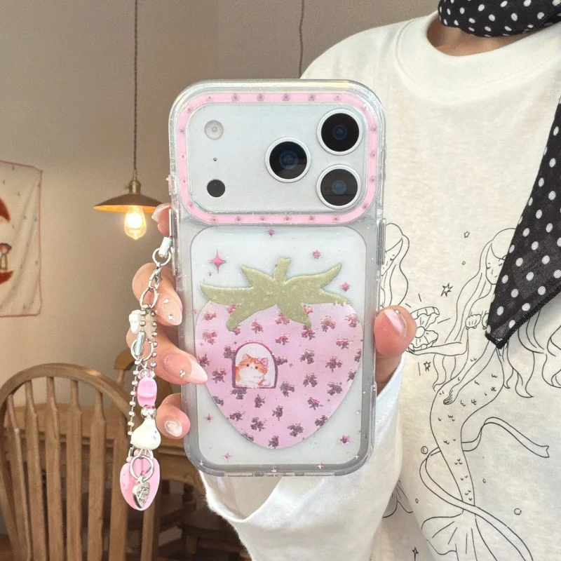 

Cute Flower Strawberry Cat Phone Case For iPhone 17 Pro 16 15 14 Pro Max Cover with Pendant Shockproof Cases For Apple 16 Pro ma