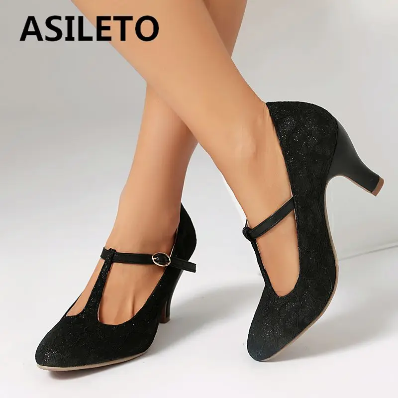 

ASILETO Design Модные женские туфли-лодочки с круглым носком на массивном каблуке 8 см, с пряжкой и Т-образным ремешком, большой размер 41, 42, 43, дышащая сетчатая обувь в стиле ретро