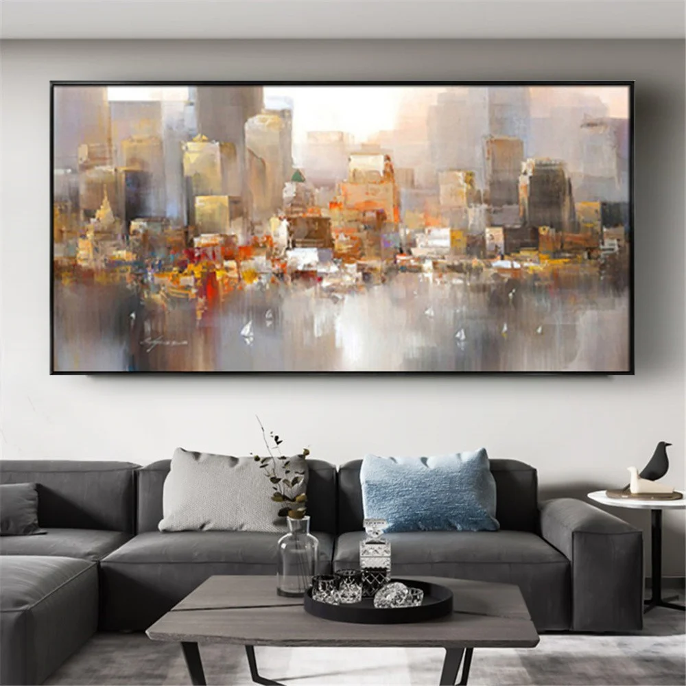 Large Modern 100% Hand Painted Abstract Oil Painting Indoor Canvas Exhibits City Picture Hanging Painting for Living Room Decor
