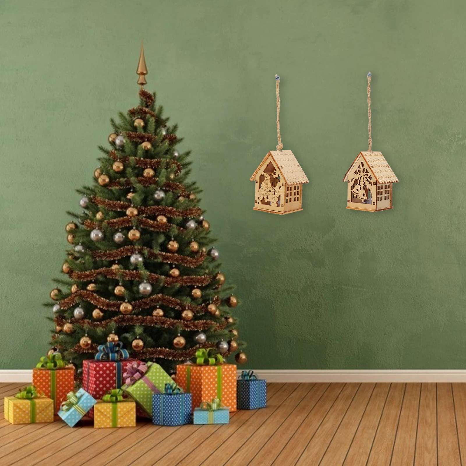 

2pcs Christmas Santa Bell Wooden Luminous Pendant Creative House Shape Decor For Xmas Tree Festival Scene Ornament Glowing