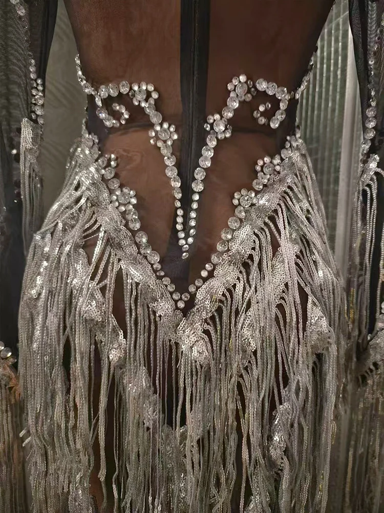 Sparkly Rhinestone Tassel Mini Dress Ladies Latin Dance Team Outfit Black  See Through Mesh Dresses Stage Performance Pole Wear - AliExpress 200000532