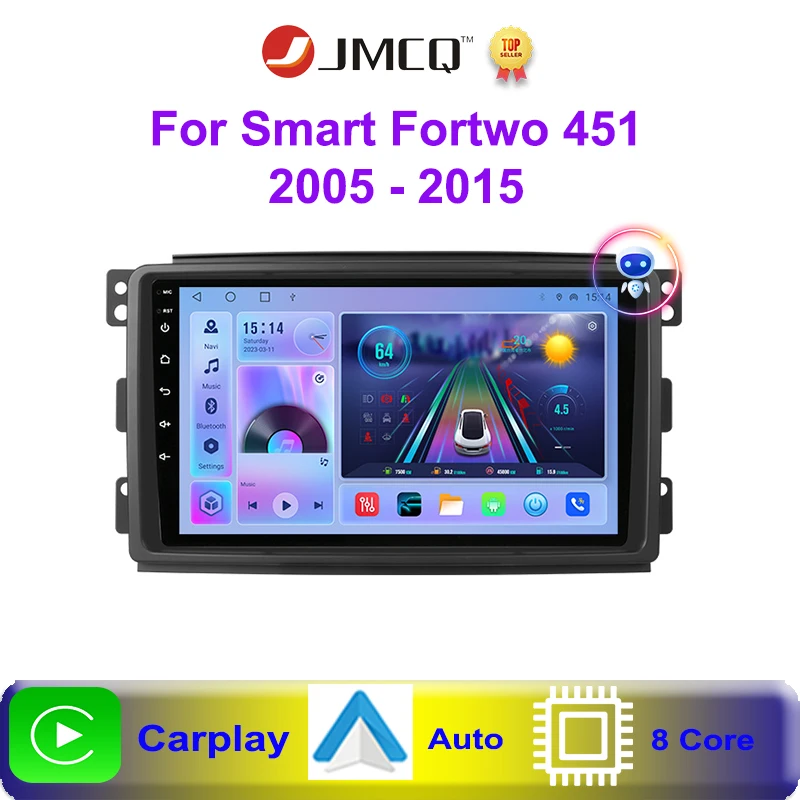 JMCQ 2Din  Android 12 Wireless Carplay Auto Car Radio For Smart Fortwo 451 2005 - 2010 Multimedia Player Navigation 4G GPS Stere