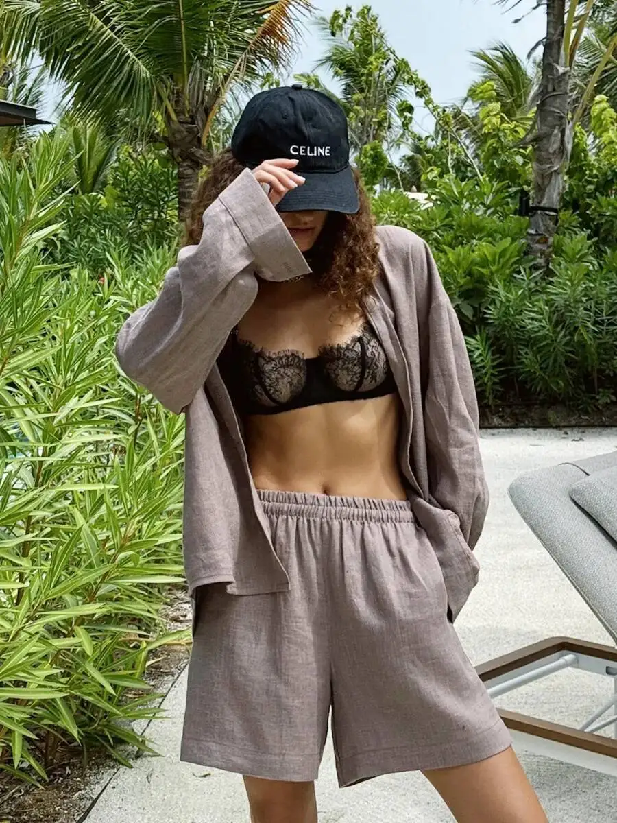 طقم نسائي كاجوال من القطن بلون سادة وأكمام طويلة وقميص بخصر مطاطي وملابس يومية للإجازات #3