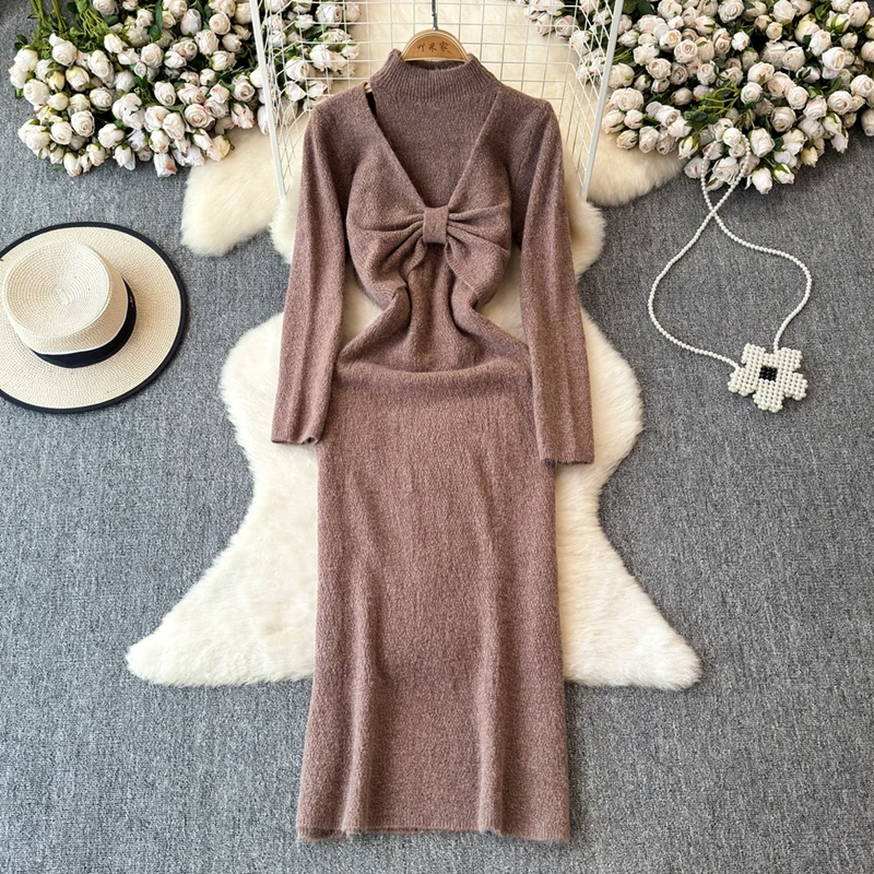 Knitted Sweater Long Dress Set French Deep V-knot Slit Soft Sweater Dresses 2024 Autumn New Slim Fit Fashion Versatile Sets