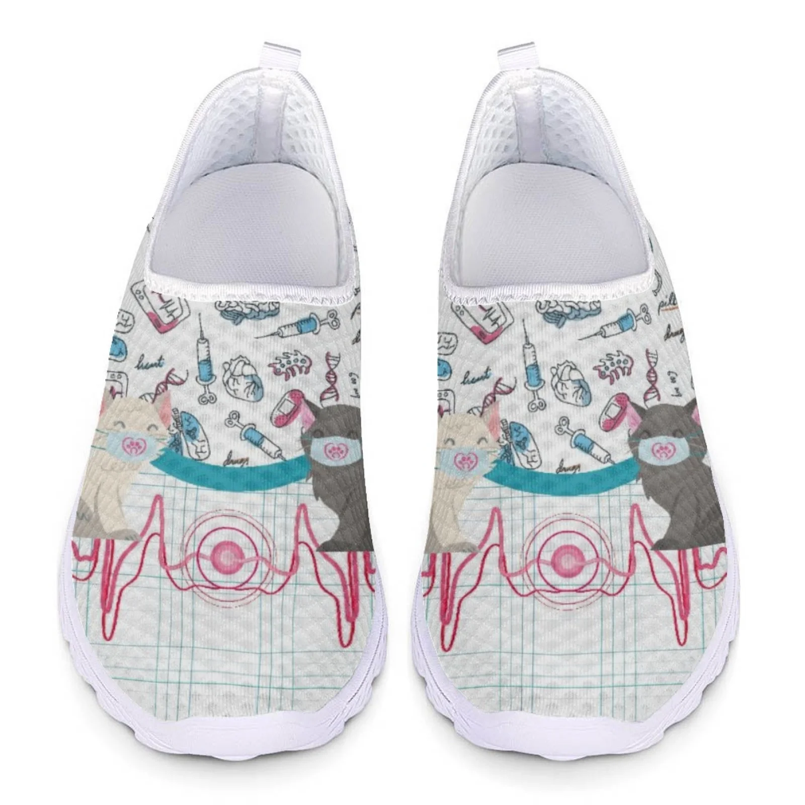 INSTANTARTS Cute Cat and Medical Tools Cartoon Female Flat Shoes ECG Cats With Mask Printed Women Mesh Sneakers Slip-on Loafers