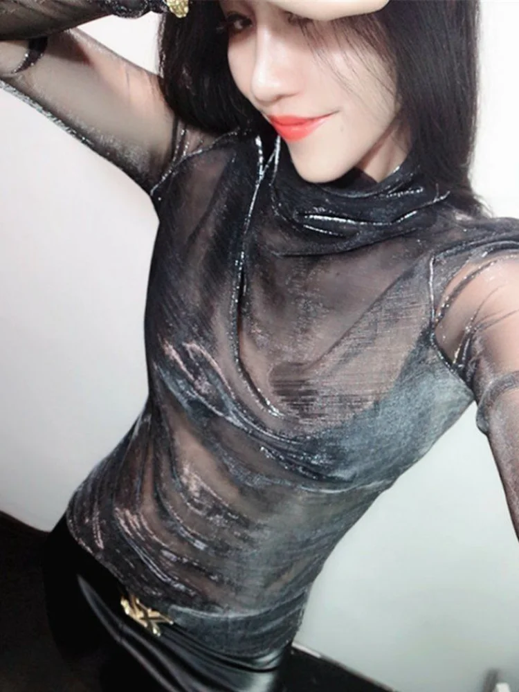 

Сексуальные женские рубашки, шикарные темпераментные женские топы, водолазка, марлевые блузки с длинными рукавами, Camisas De Mujer, прозрачная блузка с градиентом