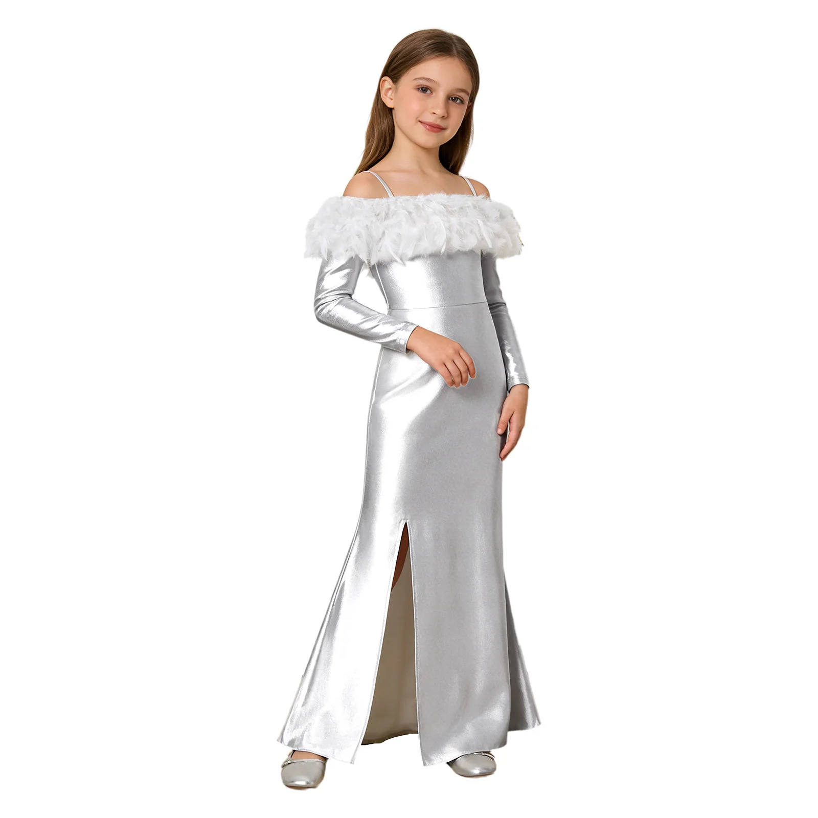 

Kids Girls Pageant Gown Mermaid Dress Off Shoulder Feather Trim Long Sleeve Slit Hem Metallic Shiny Maxi Dress for Formal Party