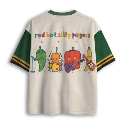 V Neck Mesh Jersey, Cartoon Pepper Band Red Hot Silly Peppers Print Short Sleeve Loose Breathable Mesh Jersey