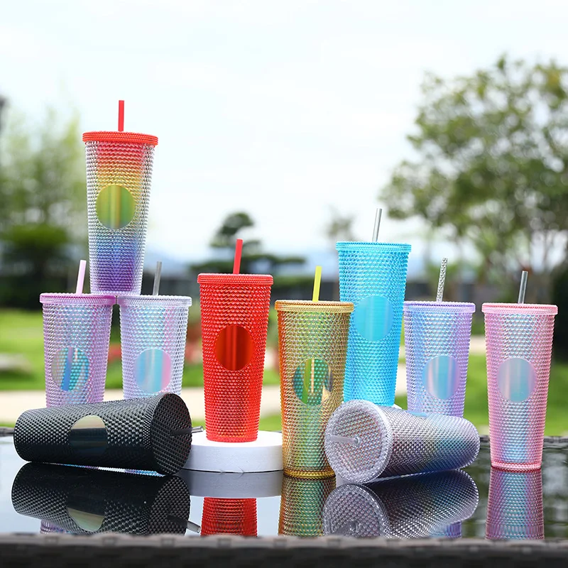 

1PC Double Layered Plastic Straw Cup For Household Diamond Radiant Water Bottles Coffee Straw Cup Drinks Bottles Mugs