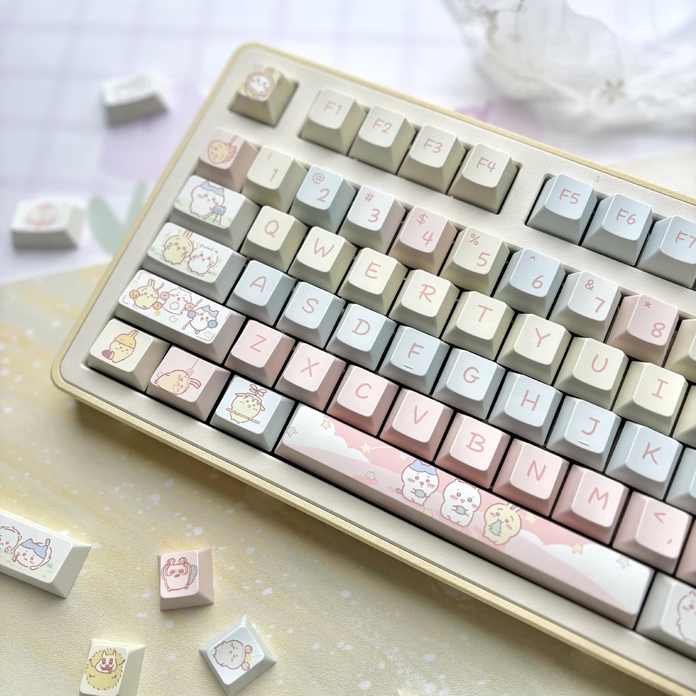 ピンクのイルカのテーマチェリープロファイルキーキャップ、PBT漫画キーキャップ、61、64、68、75、78、84、87キー、メカニカルキーボード、95キー