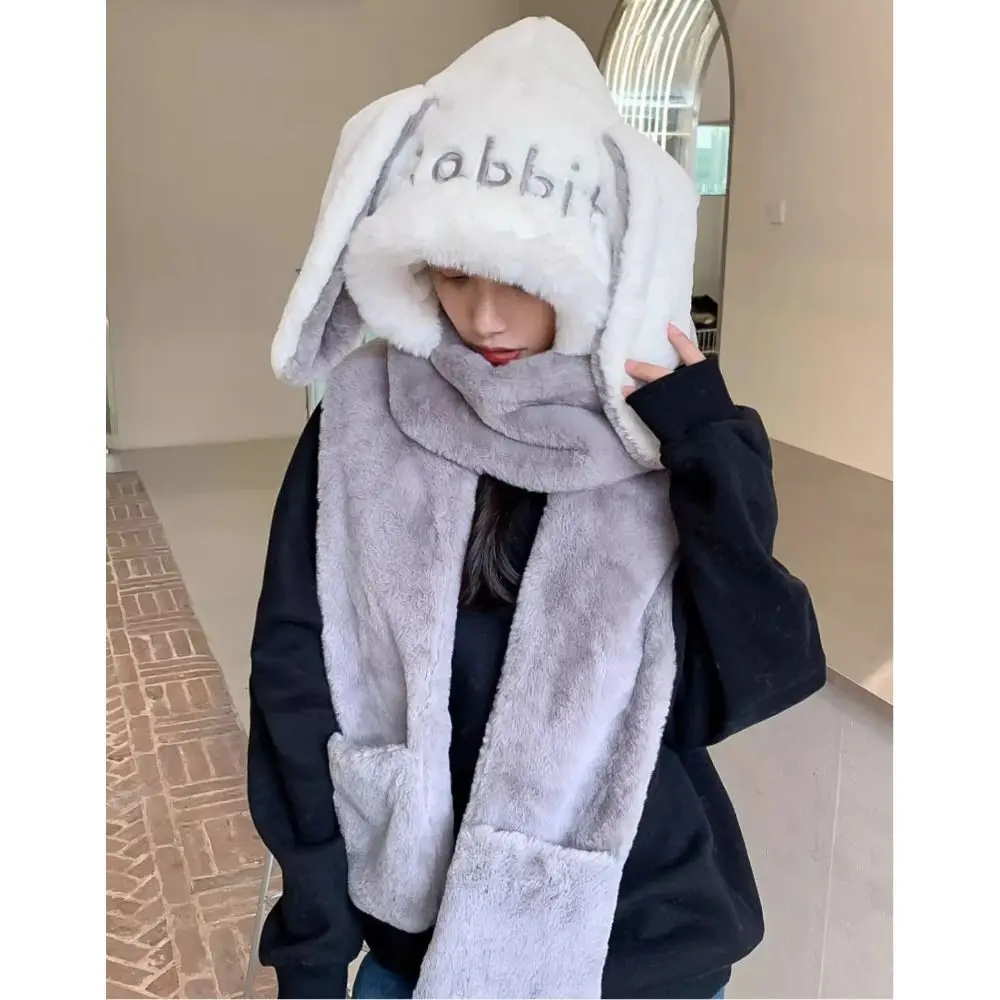 ผ้าพันคอคลุมศีรษะแบบ 3-in-1 น่ารัก ผ้าพลัฌหนานุ่ม อุ่นสบาย กันลม หมวกฤดูหนาวสำหรับกิจกรรมกลางแจ้ง