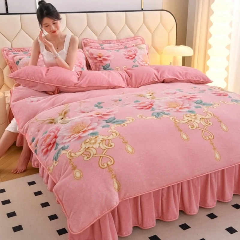 2025 new thickened milk fleece four-piece warm fleece double-sided quilt cover winter coral fleece high-end bed skirt