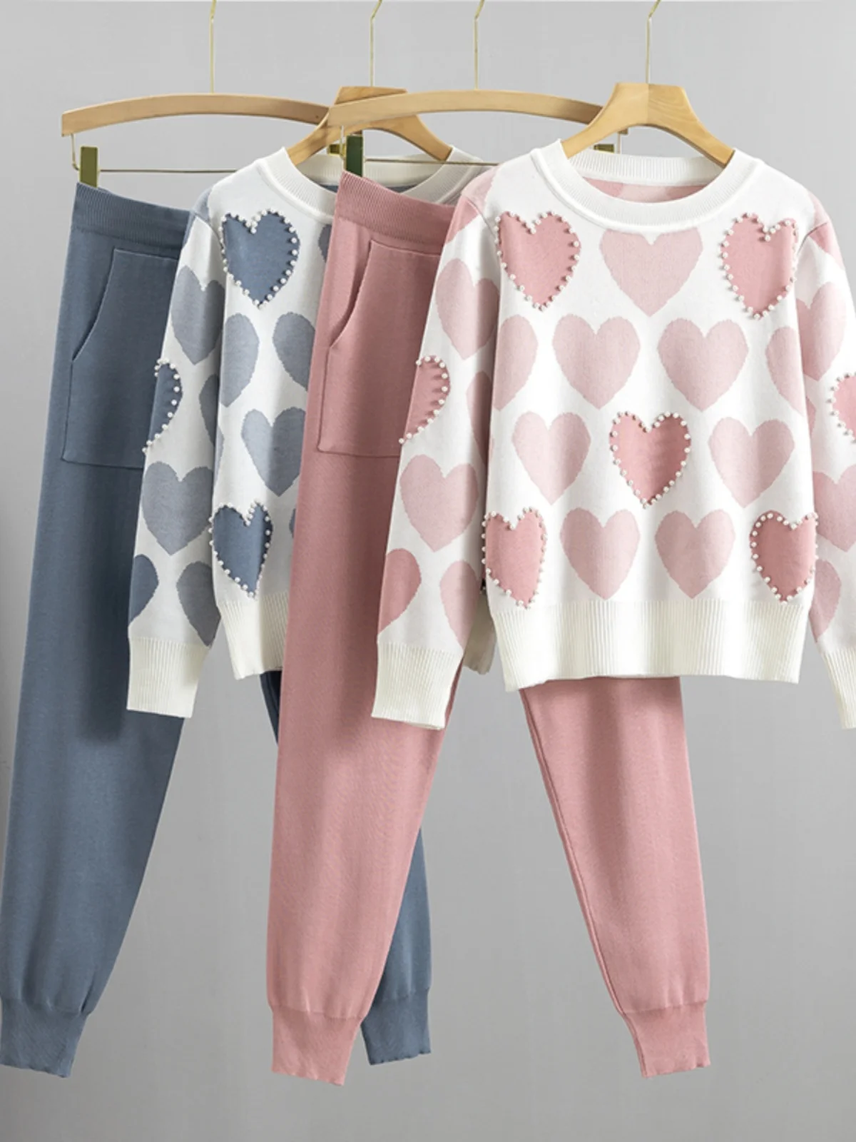 Autumnal  Style Student Set for Girls Heart Shaped Beaded Two Piece Korean College Fashion Outfit Cute Little Girl Ensemble