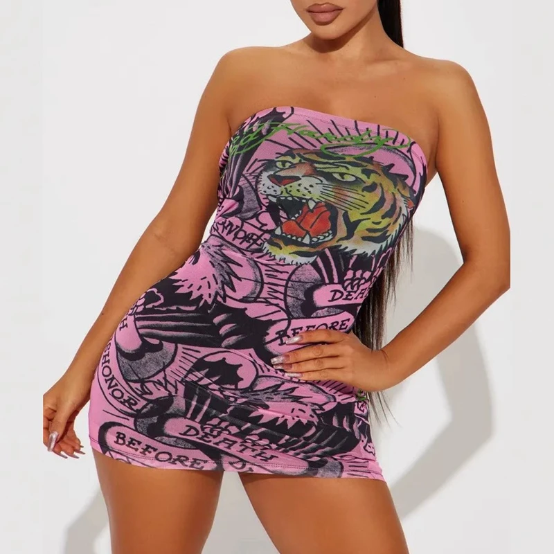 

Stylish Lady Tiger Letter Printed Dress 2025 Summer Women Strapless Bodycon Hot Girl Sexy Club Party Street Mini Vestidos Festa