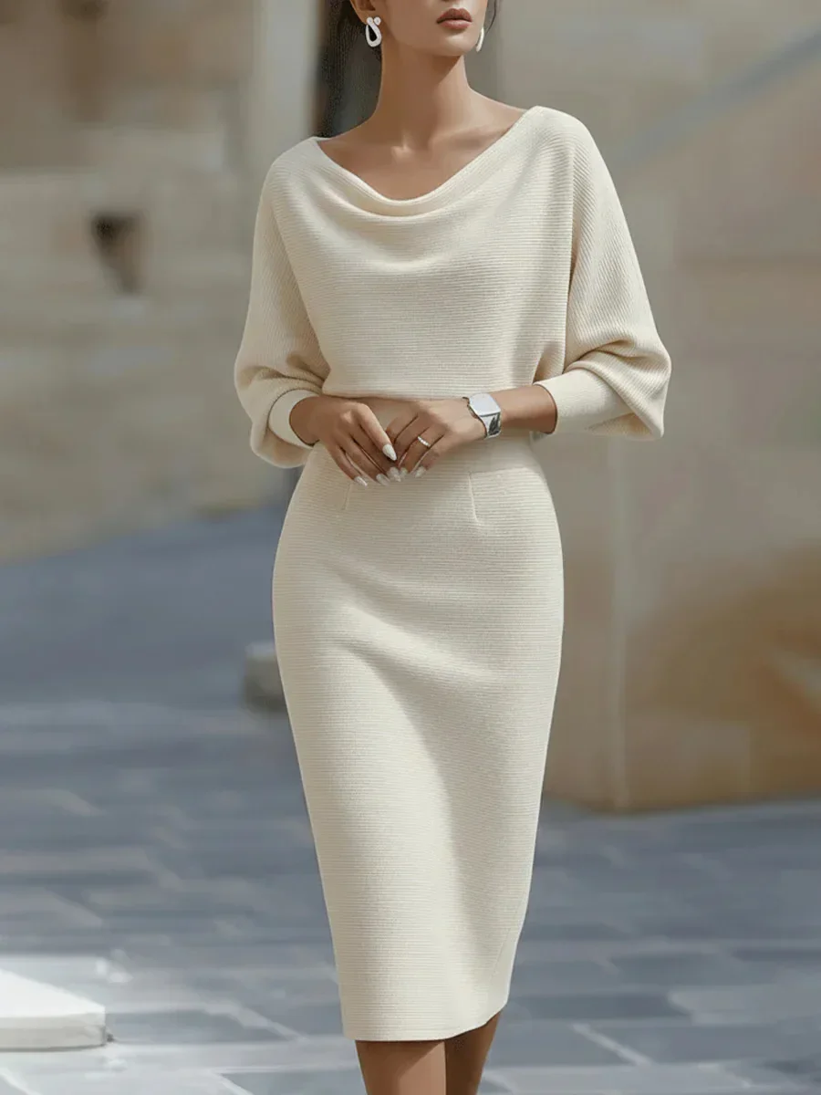 Damenkleid mit Wasserfallausschnitt und Fledermausärmeln, gestricktes Midikleid, hohe Taille, figurbetont, elegant, für den Alltag, Büro und Party. – Detail 3