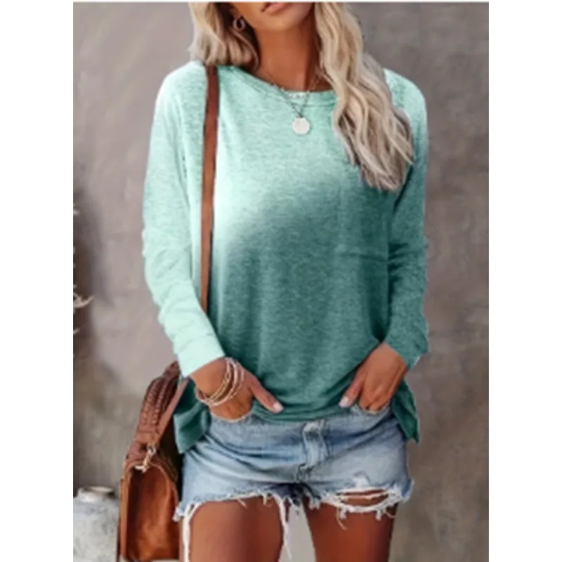 2024 New Plus Size Fashion Versatile Green Colored Long sleeved T-shirt for Women\'s Casual Loose Comfortable Top